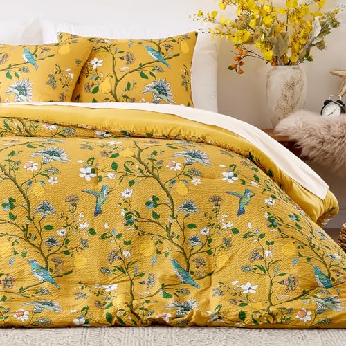MUSSEL Bedding King Size Comforter Set 3 Pieces,Yellow Vintage Botanical Floral Pattern Bed Comforter Sets,Boho Whimsical Modern Printed Design Cute Seersucker Bedroom Comforter and Shams - Image 2
