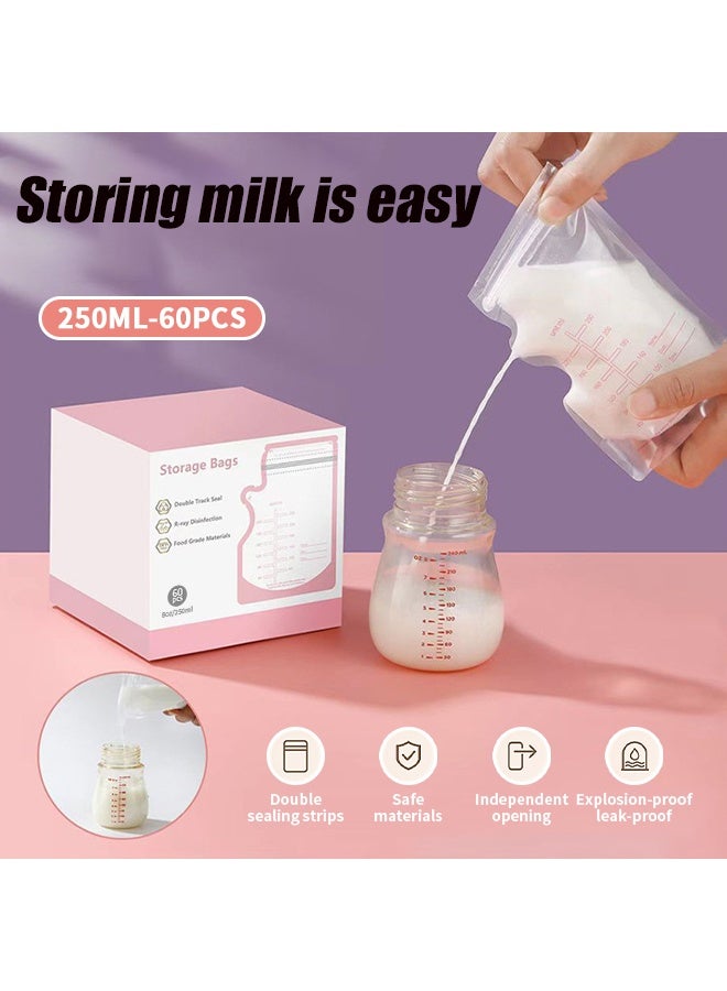 عدد 60 كيس لتخزين حليب الأم بسعة 250 مل، أكياس تخزين حليب الأم قائمة بذاتها، أكياس حليب أم تستخدم لمرة واحدة، مصنوعة من مواد آمنة للطعام - Image 2