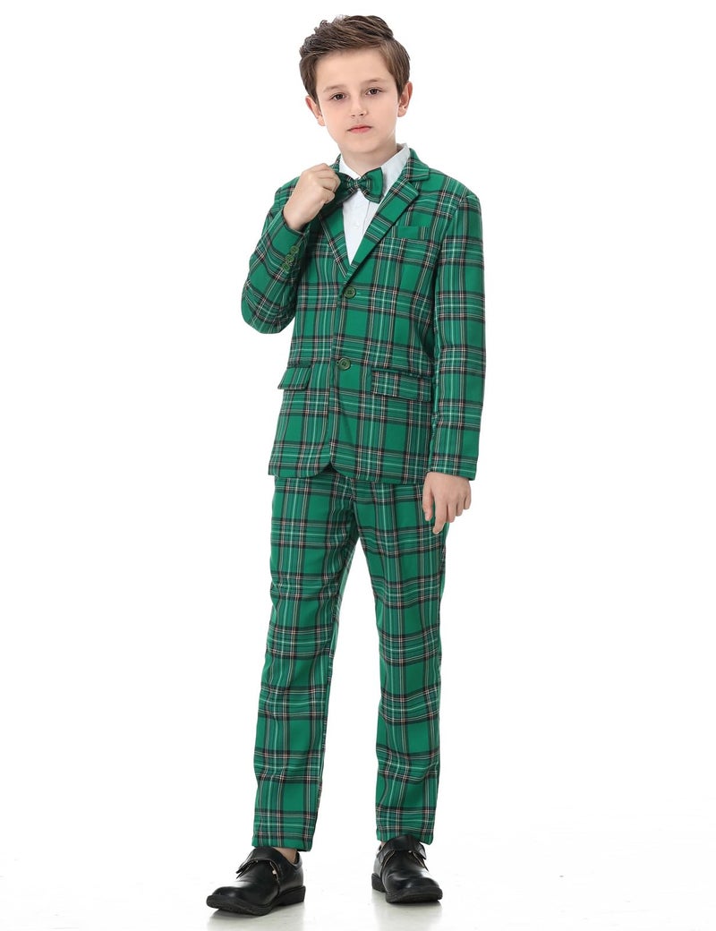 A&J DESIGN Kids Suit Boys Christmas St.Patrick's Easter Dress Outfit Tuxedo Formal Wear Plaid Blazer Pants Bow Tie Green 10-11 Years Teen Graduation Wedding Prom Suit Emerald Green - Image 2