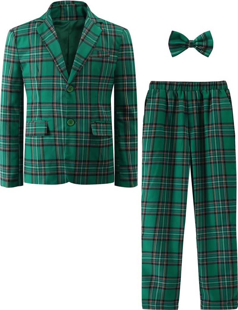 A&J DESIGN Kids Suit Boys Christmas St.Patrick's Easter Dress Outfit Tuxedo Formal Wear Plaid Blazer Pants Bow Tie Green 10-11 Years Teen Graduation Wedding Prom Suit Emerald Green - Image 1