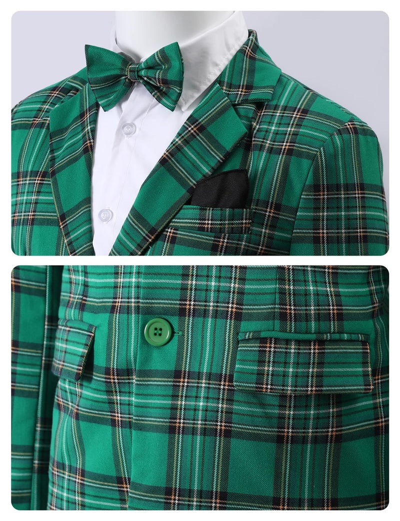 A&J DESIGN Kids Suit Boys Christmas St.Patrick's Easter Dress Outfit Tuxedo Formal Wear Plaid Blazer Pants Bow Tie Green 10-11 Years Teen Graduation Wedding Prom Suit Emerald Green - Image 4
