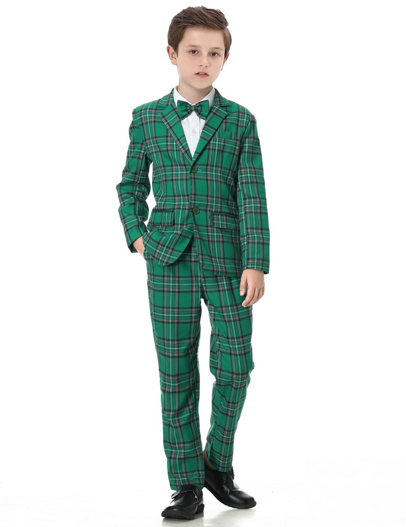 A&J DESIGN Kids Suit Boys Christmas St.Patrick's Easter Dress Outfit Tuxedo Formal Wear Plaid Blazer Pants Bow Tie Green 10-11 Years Teen Graduation Wedding Prom Suit Emerald Green - Image 3