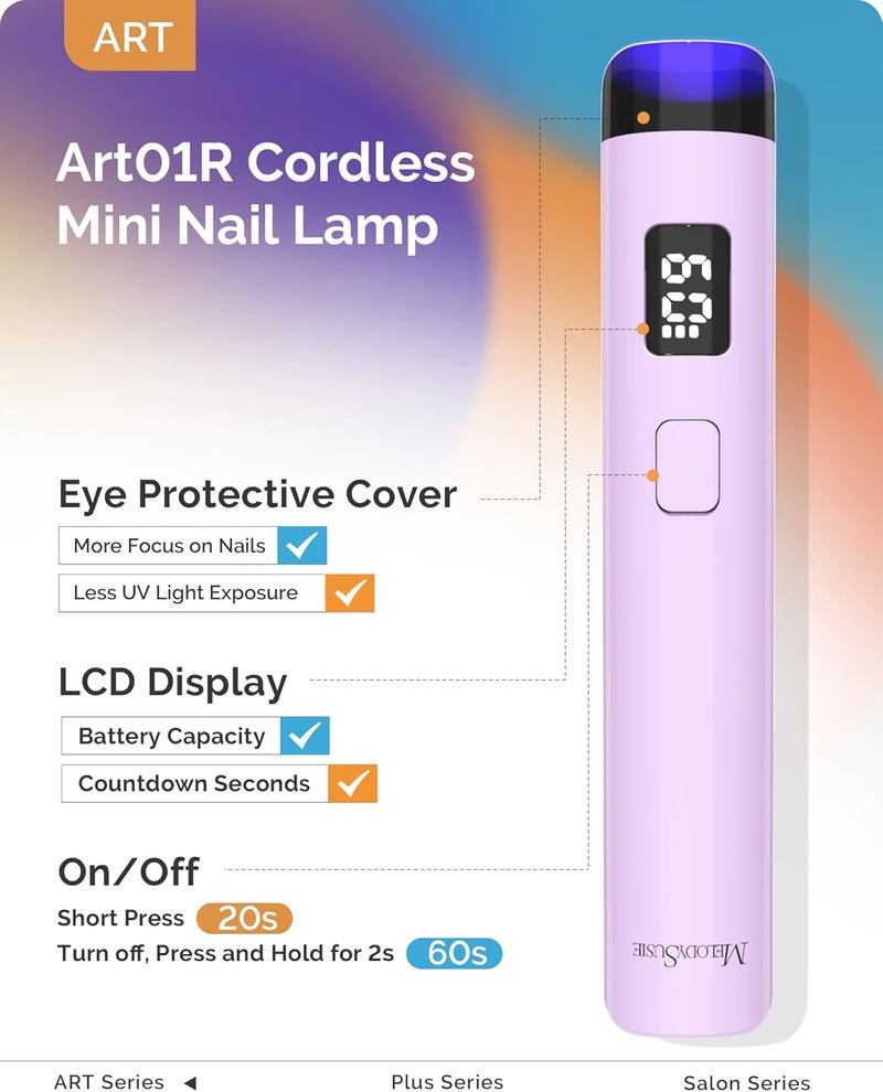 Big & small space compatible Melodysusie Handheld UV Light for Gel Nails, ART01R Cordless Gel X Nail Lamp Rechargeable with LCD Display, Eye-Protective Cover Flash Cure Nail Dryer for Rhinestone Glue Decoration DIY At Home Purple Moisture wear upgraded quality - Image 2