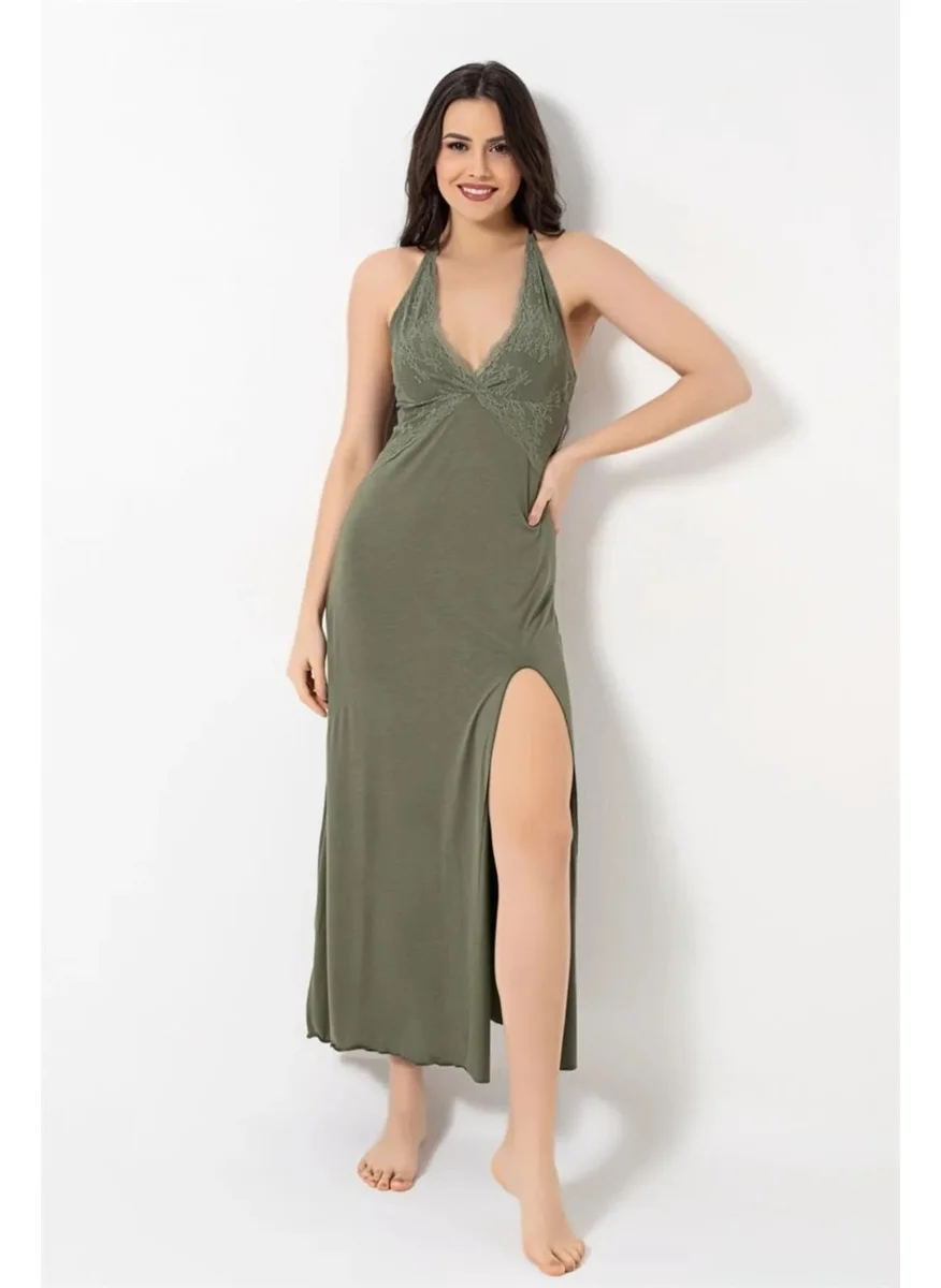 Monamise 18493 Women's Rope Strap Chest and Back Low-cut Lace Slit Nightgown - Khaki