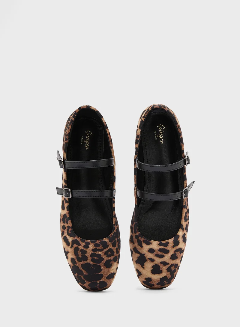 Ginger Double Strap Mary Jane Leopard Print Ballerina