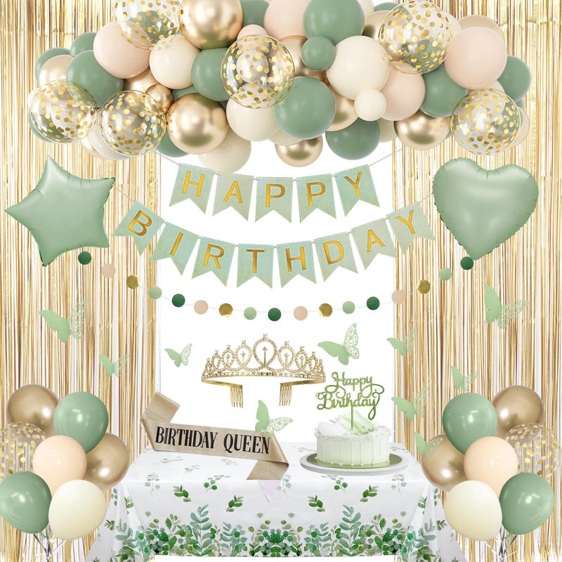 Amandir Sage Green Birthday Decorations for Women Girls Nude Neutral Sage Green Foil Balloons Table Cloth Sash Crown Fringe Curtains Happy Birthday Banner Circle Garland Butterfly Cake Topper Party Supplies - Image 3