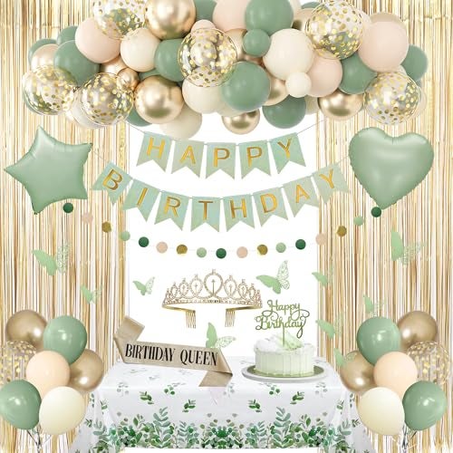 Amandir Sage Green Birthday Decorations for Women Girls Nude Neutral Sage Green Foil Balloons Table Cloth Sash Crown Fringe Curtains Happy Birthday Banner Circle Garland Butterfly Cake Topper Party Supplies - Image 1