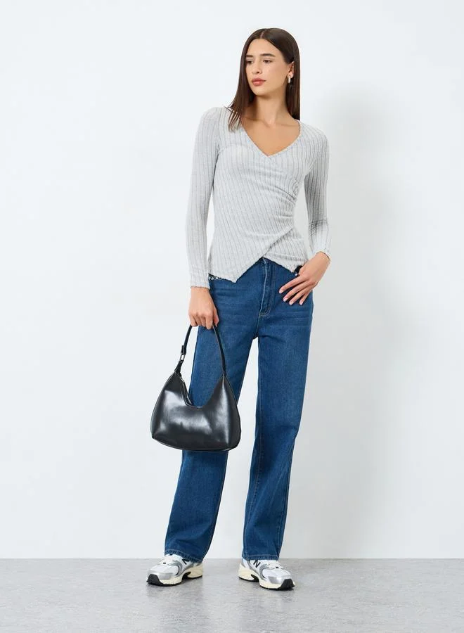 Take Two Solid V-Neck Long Sleeve Ribbed Wrap Top