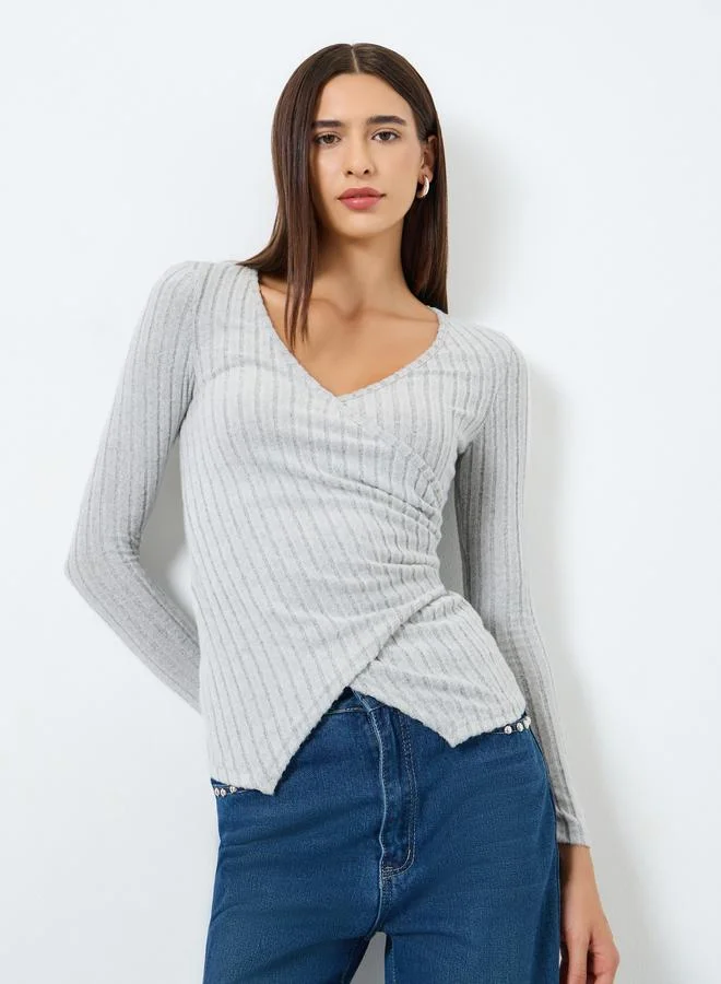 Take Two Solid V-Neck Long Sleeve Ribbed Wrap Top