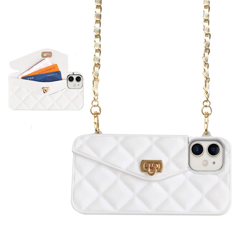 UnnFiko Wallet Case Compatible with iPhone 12, Cute Light Luxury Bag Design, Purse Flip Card Pouch Cover Soft Silicone Case with Handstrap Long Shoulder Strap (White, iPhone 12) - Image 1