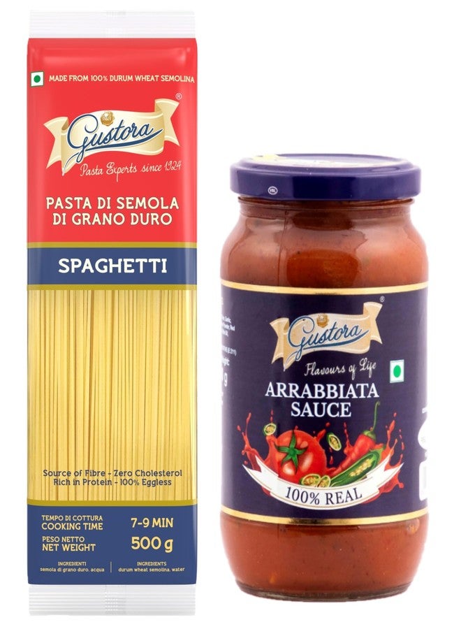 Gustora Combo Pack of Spaghetti Pasta 500g & Arrabbiata Sauce 400g I Rich in protein & fibre Pasta with Zero cholesterol l Pasta Sauce Made with Fresh Tomatoes, Garlic, Basil & Black Peppers - Image 1