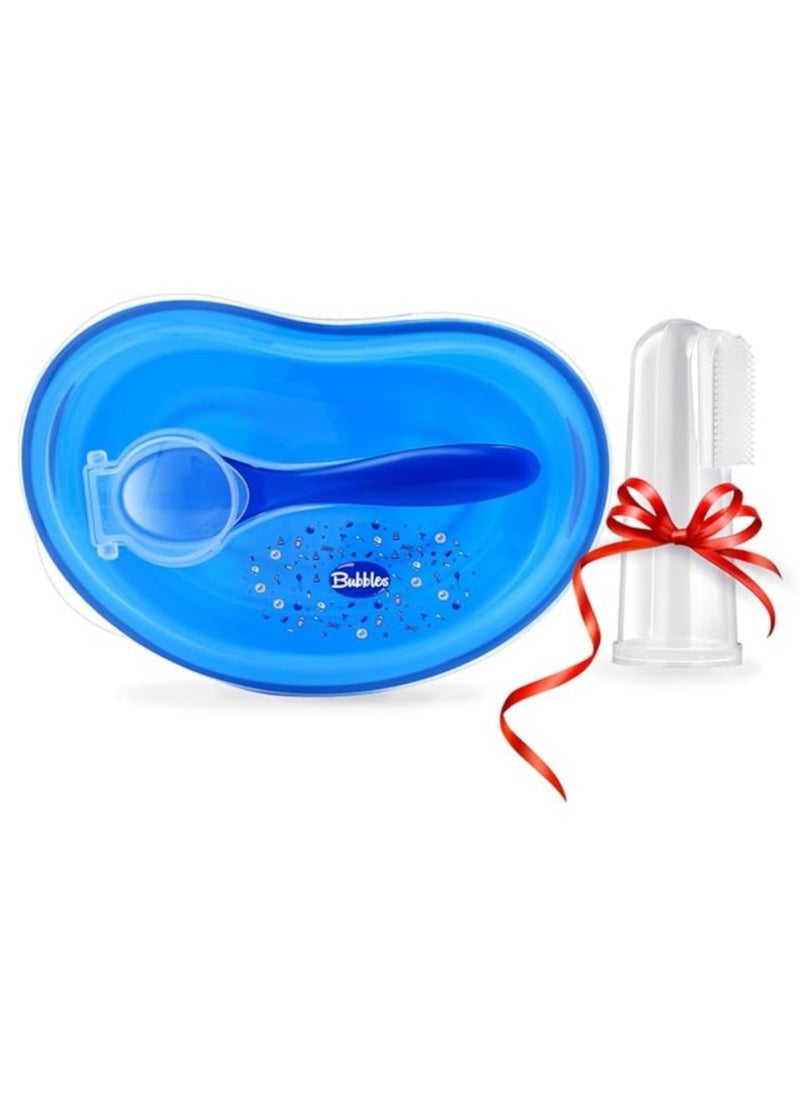 Bubbles Bubbles Plate with a Spoon for Kids- Blue + Bubbles Gum Cleaning Brush-Silicon Toothbrush Gift 