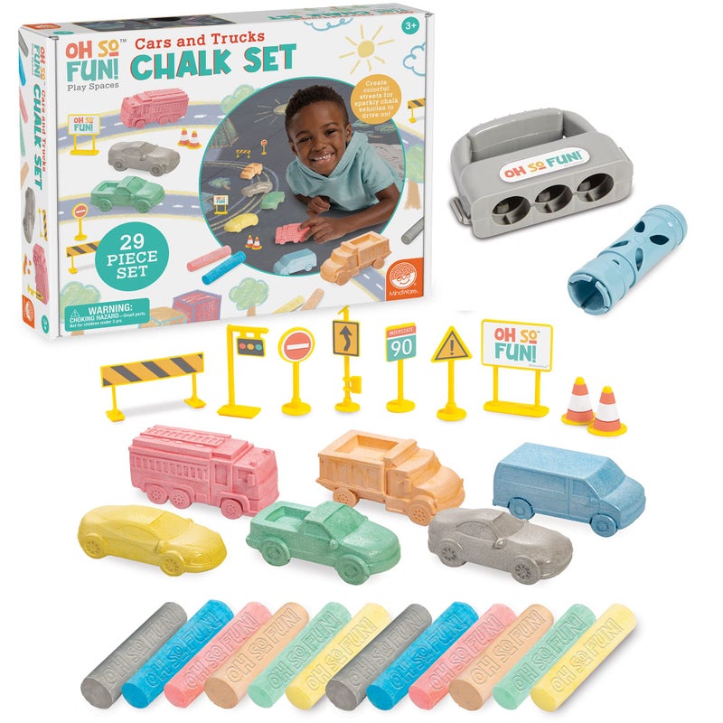 MindWare Oh So Fun Cars and Trucks Sidewalk Chalk Set Vehicle Shaped Chalk with Road Signs and Holders for Outdoor Creative Play 29 Piece Chalk Activity Set for Kids Ages 3 Gift for Toddlers - Image 2