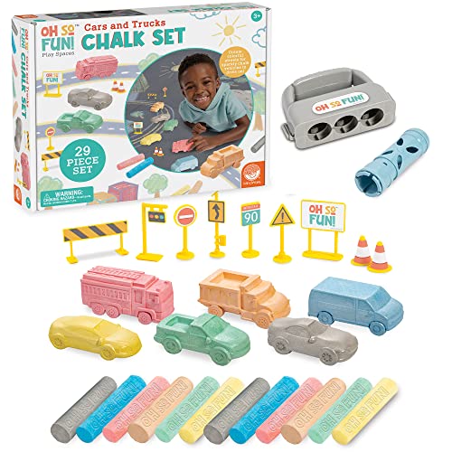 MindWare Oh So Fun Cars and Trucks Sidewalk Chalk Set Vehicle Shaped Chalk with Road Signs and Holders for Outdoor Creative Play 29 Piece Chalk Activity Set for Kids Ages 3 Gift for Toddlers - Image 1