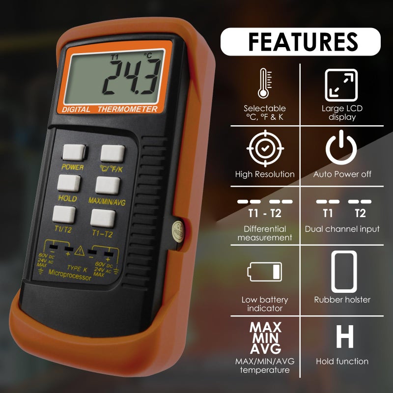 GAIN EXPRESS Thermocouple Thermometer Digital K Type Dual Channel Thermometer HVAC Temperature Meter with 4 Thermocouples, MAX/MIN/AVG Temperature Measurement, -50~1300Â°C (-58~2372Â°F) - Image 2