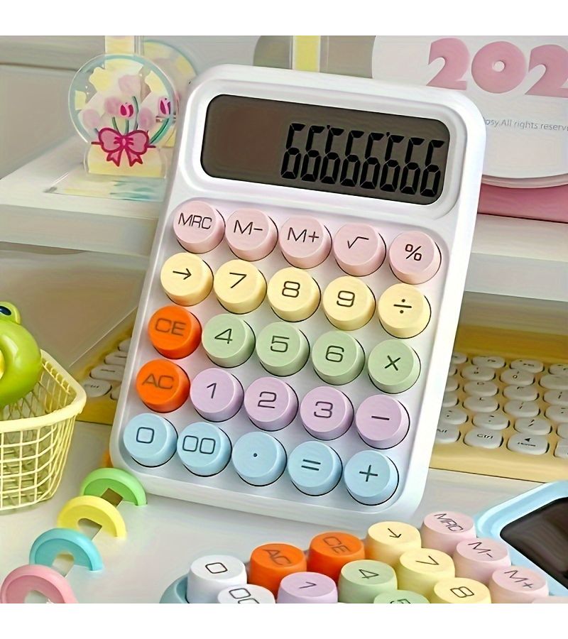 1 قطعة آلة حاسبة ميكانيكية بلون الليلك والأزرق السماوي مع أزرار كبيرة 12 بت، حاسبة مكتبية أو مدرسية لطيفة بألوان الحلوى - Image 2