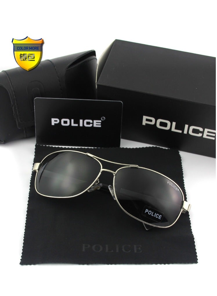 POLICE Fashion Pilot Polarized Lens Sunglasses,Cycling Sunglasses, Sliver Lenses with Black Frames for Men - Image 1