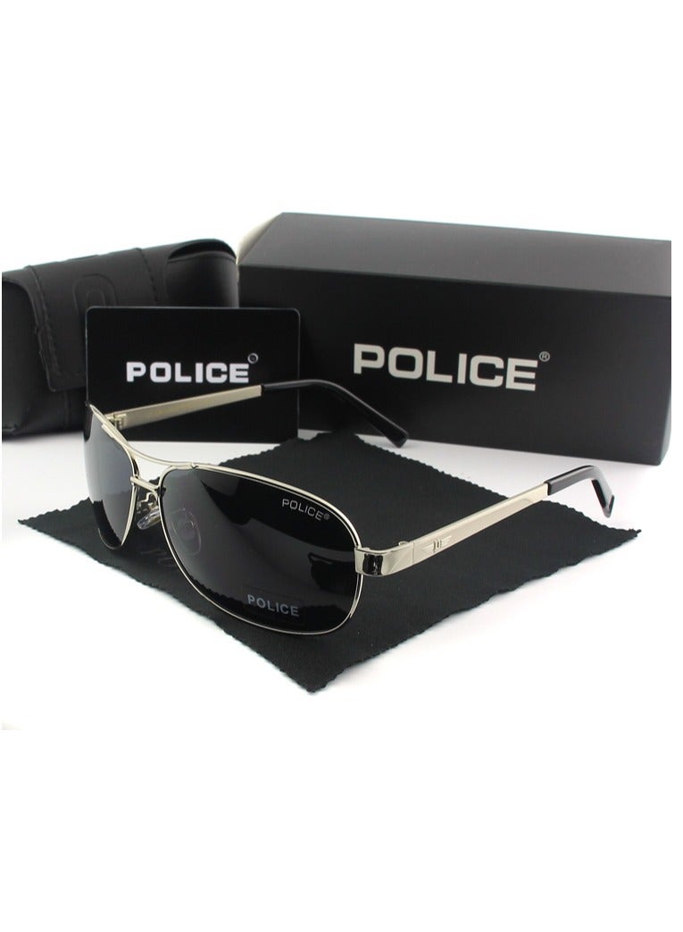POLICE Fashion Pilot Polarized Lens Sunglasses,Cycling Sunglasses, Sliver Lenses with Black Frames for Men - Image 2