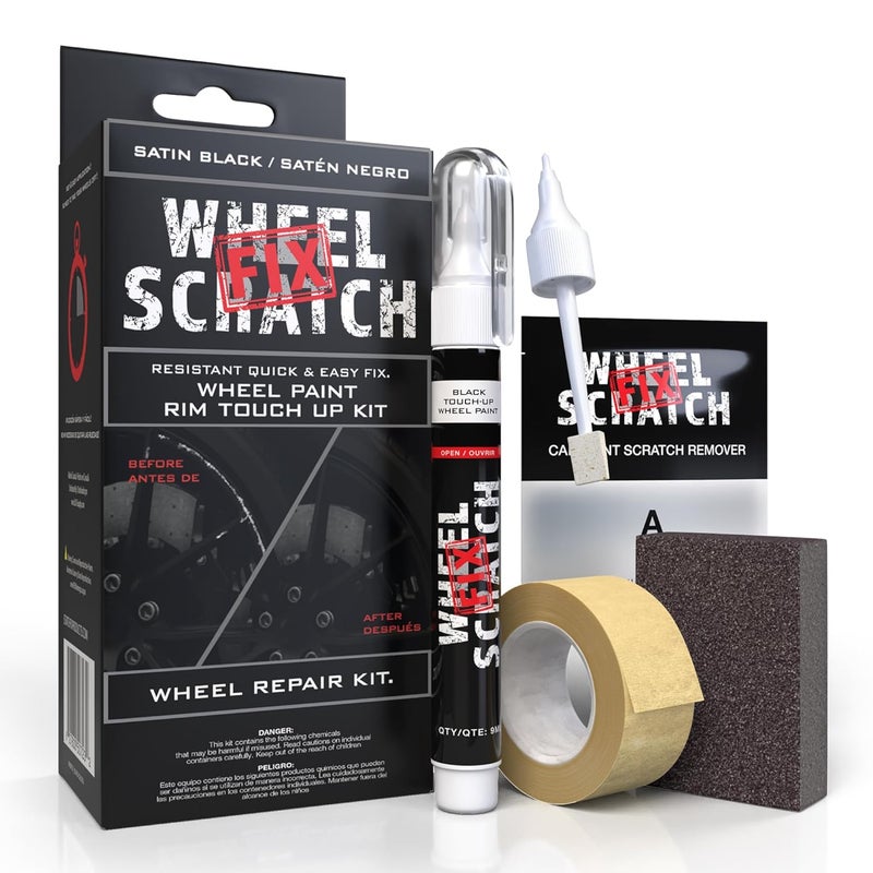 Wheel Scratch Fix ® Matte Black Touch Up Paint for Cars - DIY Alloy Wheel Repair Kit, Curb Rash Remover with Fast-Drying Pen - Long-Lasting OEM Finish Car Rim Paint for Scuffs and Chips at Home (Satin - Image 1