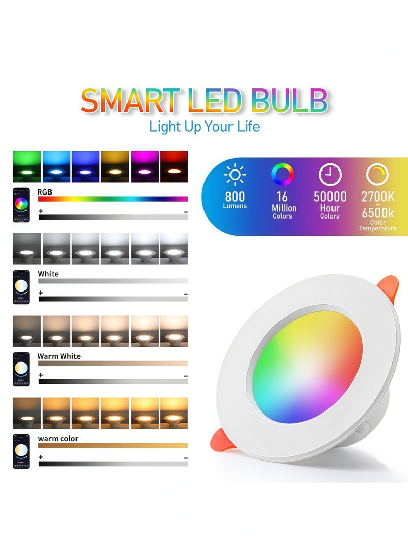 Lurette 10W 3 inch Smart Recessed Downlight, 800LM Color Change Ceiling LED Light, Bluetooth Adjustable and DIY Scenes, 16 Million Colors - Image 2