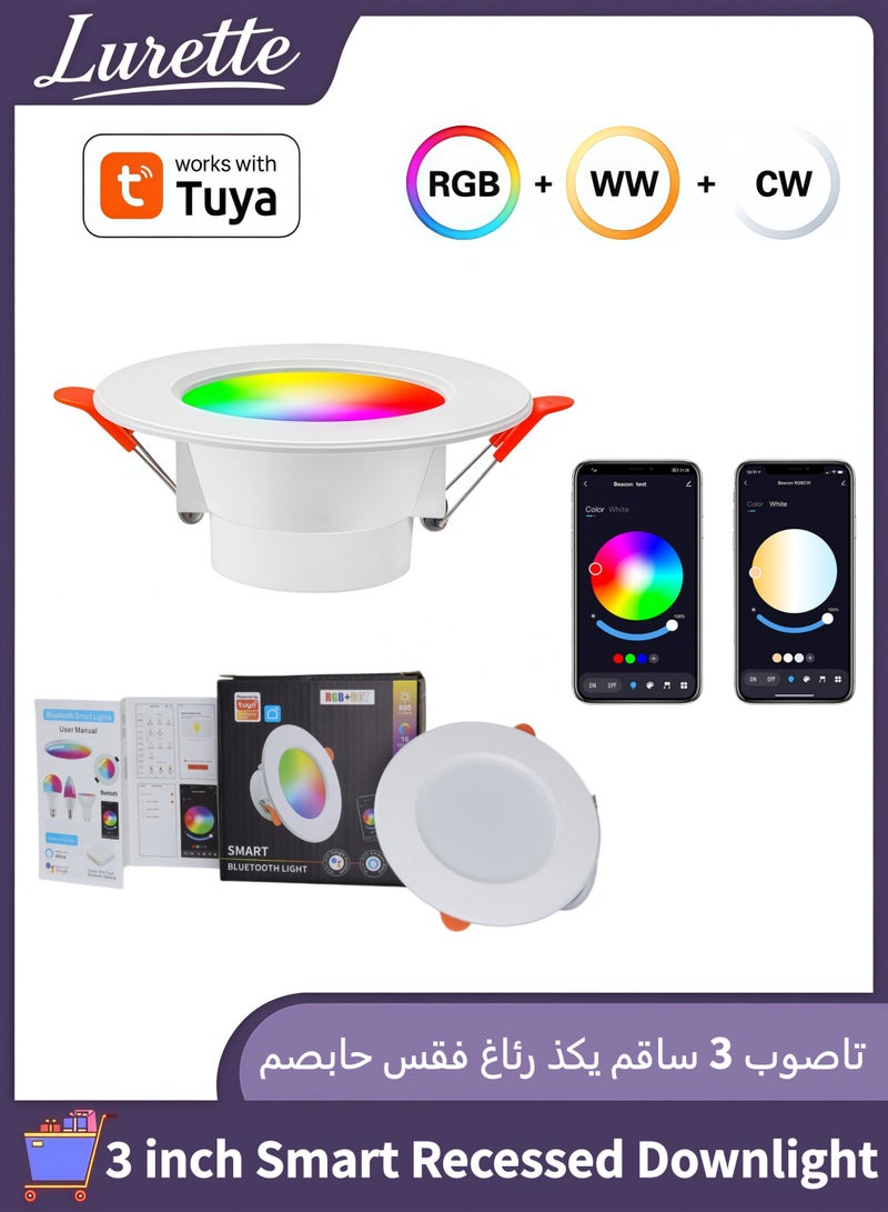 Lurette 10W 3 inch Smart Recessed Downlight, 800LM Color Change Ceiling LED Light, Bluetooth Adjustable and DIY Scenes, 16 Million Colors - Image 1