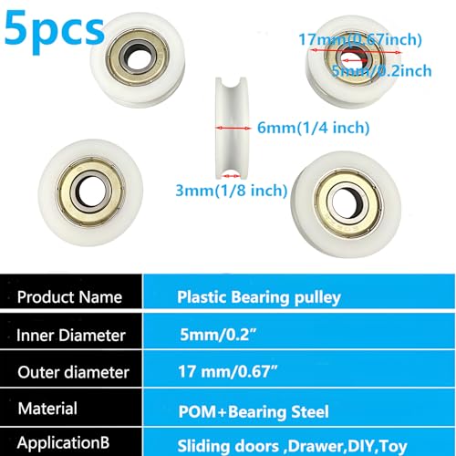 Preamer 5pcs Small Plastic Coated Pulley Ball Bearing Wheels Roller, Silent U Groove Bearing Track Roller Wheel for Sliding Door, Window, Toy, 3D Printer,Lifting System for 3mm Rope, with 695ZZ Bearing - Image 4