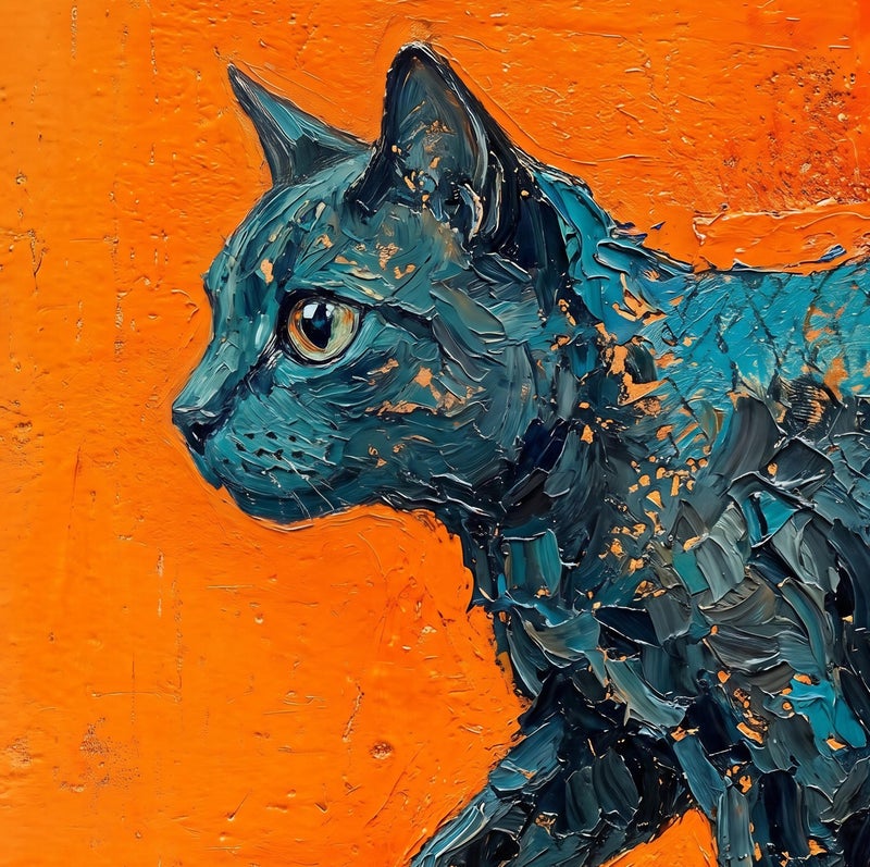 TNESSENTIAL Impasto Cat Print – Orange And Blue Art, Textured Feline Poster, Palette Knife Painting, Modern Black Cat, Bold Eclectic Room Decor - Image 2