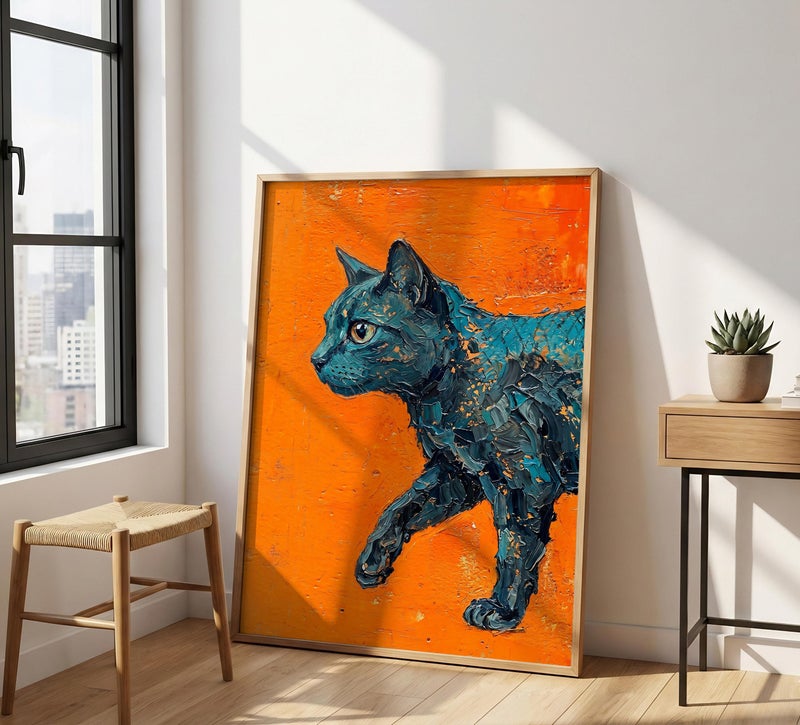 TNESSENTIAL Impasto Cat Print – Orange And Blue Art, Textured Feline Poster, Palette Knife Painting, Modern Black Cat, Bold Eclectic Room Decor - Image 4