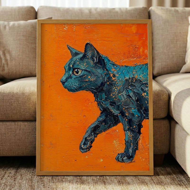 TNESSENTIAL Impasto Cat Print – Orange And Blue Art, Textured Feline Poster, Palette Knife Painting, Modern Black Cat, Bold Eclectic Room Decor - Image 1