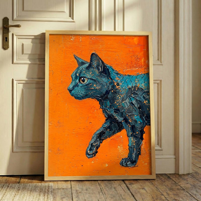 TNESSENTIAL Impasto Cat Print – Orange And Blue Art, Textured Feline Poster, Palette Knife Painting, Modern Black Cat, Bold Eclectic Room Decor - Image 5