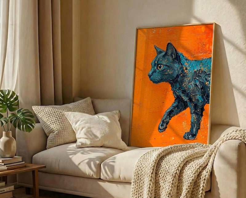 TNESSENTIAL Impasto Cat Print – Orange And Blue Art, Textured Feline Poster, Palette Knife Painting, Modern Black Cat, Bold Eclectic Room Decor - Image 3