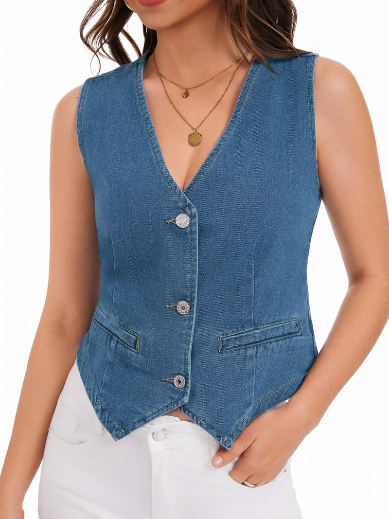 WUDODO Womens Denim Vest Cropped V Neck Button Down Jean Corset Waistcoat Sleeveless Jacket Summer Cowgirls Tops Western Blue M - Image 1