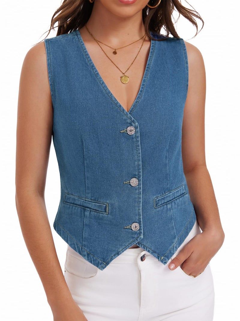 WUDODO Womens Denim Vest Cropped V Neck Button Down Jean Corset Waistcoat Sleeveless Jacket Summer Cowgirls Tops Western Blue M - Image 2