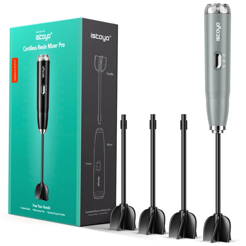 خلاط راتنجات ISTOYO المتميز بالبطارية اليدوية لخلاط الإيبوكسي لتوفير معصمك خلاط راتنجات محترف لمزج راتنجات قوالب راتنجات قوالب سيليكون الحرف اليدوية DIY متضمنة 4 قطع من المجاذيف