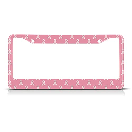 Beabes Pink Breast Cancer Ribbons License Plate Frame Auto Tag Frames Universal License Plates Holder 2 Holes Cute Pattern Decorative Car Truck Motorcycle License Plates Tag for Men Women - Image 1