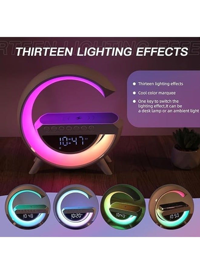 AMGREENWireless Charger Atmosphere Lamp Portable Led Bluetooth Speaker Wireless Charger With Desk Lamp Bedside Rgb Night Light App Control Mini Music Lamp Digital Alarm Clock Speaker White