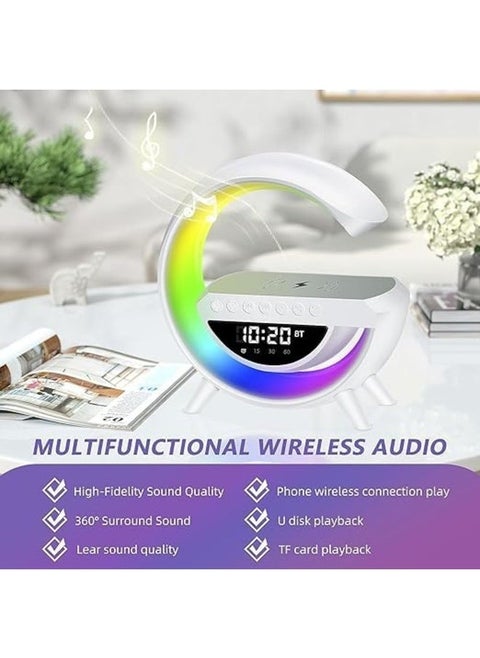 AMGREENWireless Charger Atmosphere Lamp Portable Led Bluetooth Speaker Wireless Charger With Desk Lamp Bedside Rgb Night Light App Control Mini Music Lamp Digital Alarm Clock Speaker White