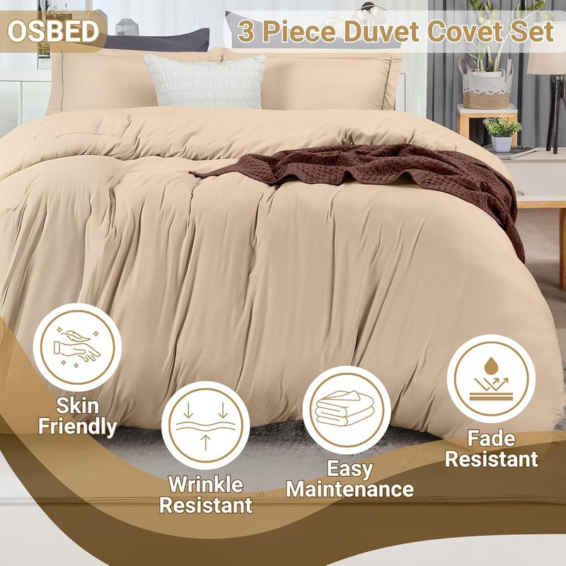 OSBED Luxury 3 Piece Duvet Cover Set - 100% Cotton, 300 Thread Count, Beige, 220 x 240cm - Image 3