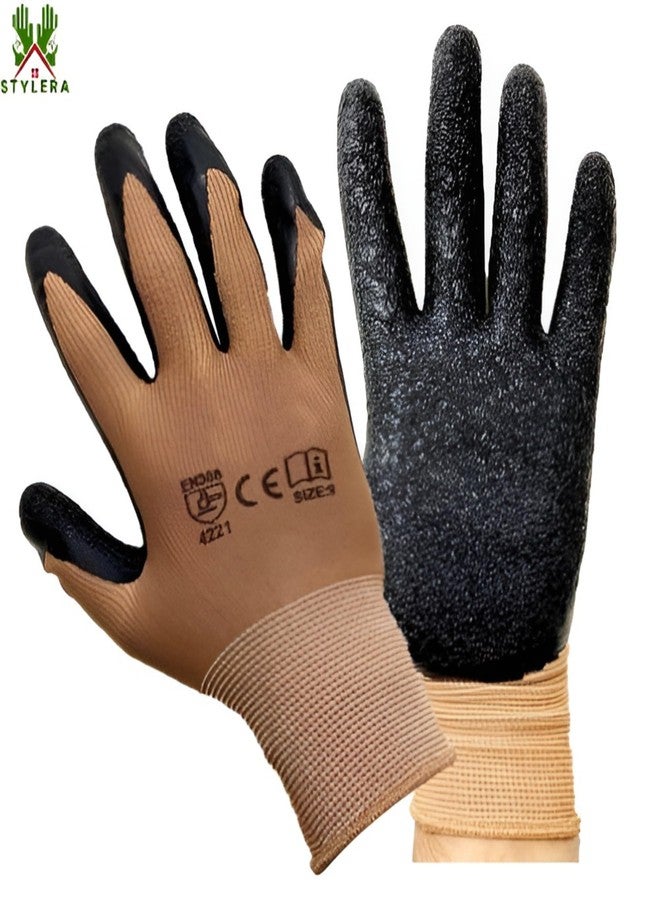 STYLERA Nylon Knitted Latex Rubber Coated Safety Hand Protection Work Gloves Kitchen Gardening Heavy Duty Reusable Washable Gloves For Men Women (BROWN ON BLACK, PACK OF 5 PAIR) - Image 5