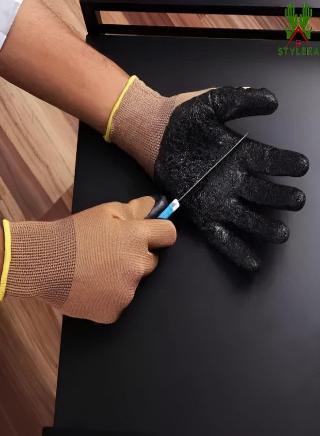 STYLERA Nylon Knitted Latex Rubber Coated Safety Hand Protection Work Gloves Kitchen Gardening Heavy Duty Reusable Washable Gloves For Men Women (BROWN ON BLACK, PACK OF 5 PAIR) - Image 2