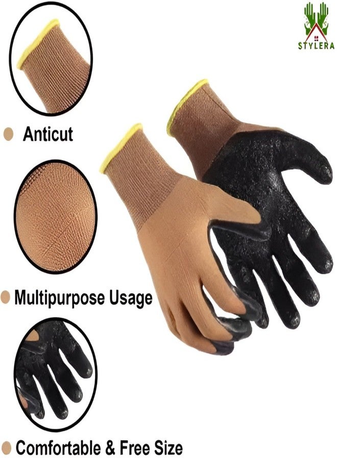 STYLERA Nylon Knitted Latex Rubber Coated Safety Hand Protection Work Gloves Kitchen Gardening Heavy Duty Reusable Washable Gloves For Men Women (BROWN ON BLACK, PACK OF 5 PAIR) - Image 4
