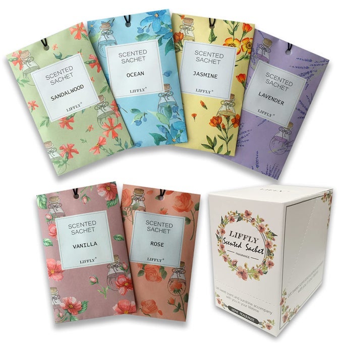 LIFFLY 14 Packs Scented Sachets for Drawers and Closets Lavender Rose Jasmine Ocean Vanilla Sandalwood 6 Different Scent Gift Box