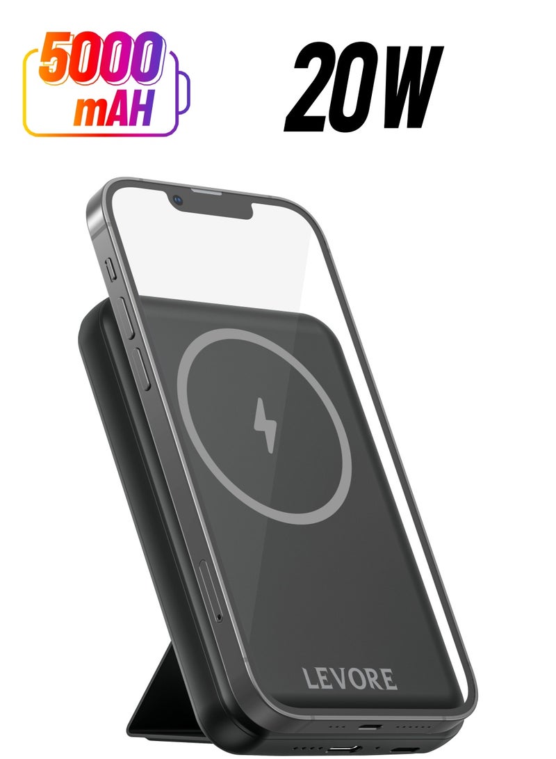 ليفور باور بانك مغناطيسي لاسلكي من ليفور 5000 مللي أمبير ، شحن سريع USB-C PD20W ، 15 وات - أسود - Image 1