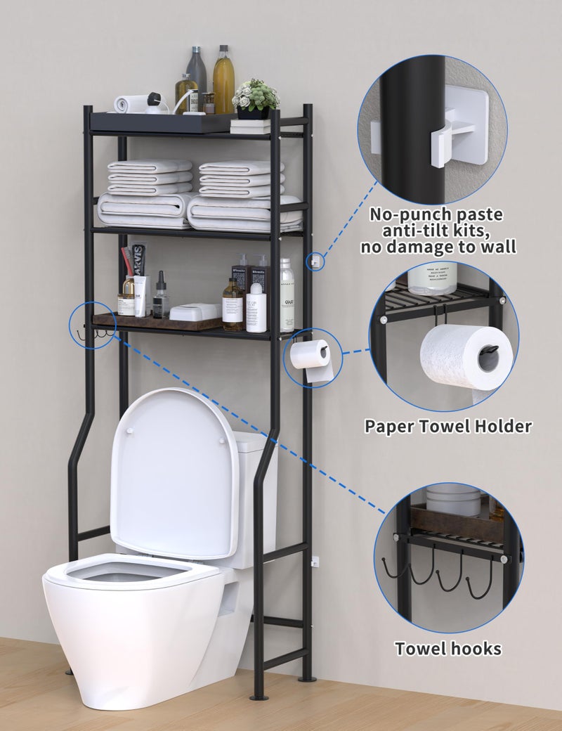 Livilord 3-Tier Over The Toilet Storage, Freestanding Metal Bathroom Shelves with 4 Hooks, Over Toilet Storage Shelf with Paper Holder, Above The Toilet Shelf for Bathroom Storage, Black - Image 4