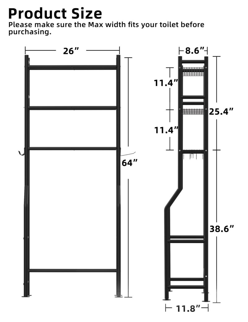 Livilord 3-Tier Over The Toilet Storage, Freestanding Metal Bathroom Shelves with 4 Hooks, Over Toilet Storage Shelf with Paper Holder, Above The Toilet Shelf for Bathroom Storage, Black - Image 5