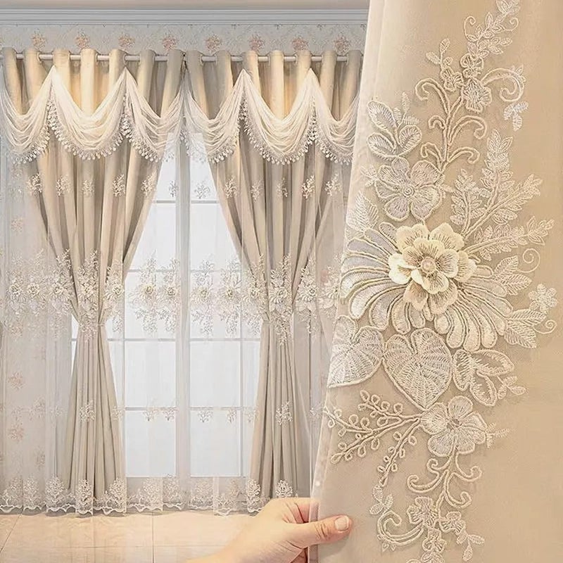 Amidoudou 1 Pair Luxury European Curtains with Wavy Valance for Living Room Bedroom Double Layer Embroidered Curtains (Pink,52x90 Inch) - Image 1