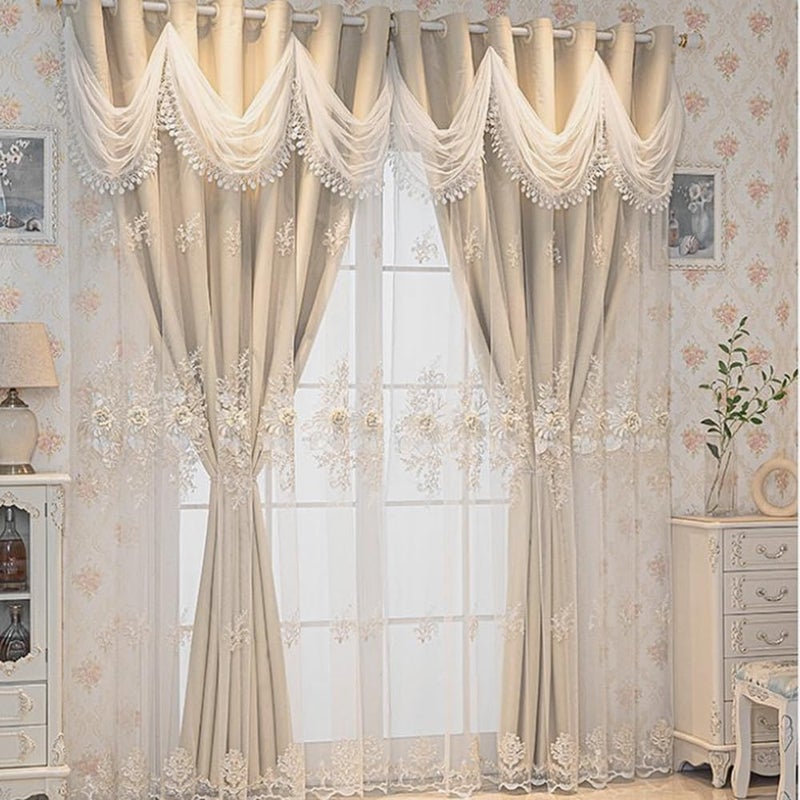 Amidoudou 1 Pair Luxury European Curtains with Wavy Valance for Living Room Bedroom Double Layer Embroidered Curtains (Pink,52x90 Inch) - Image 3