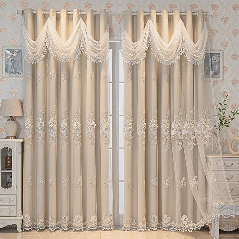 Amidoudou 1 Pair Luxury European Curtains with Wavy Valance for Living Room Bedroom Double Layer Embroidered Curtains (Pink,52x90 Inch) - Image 2