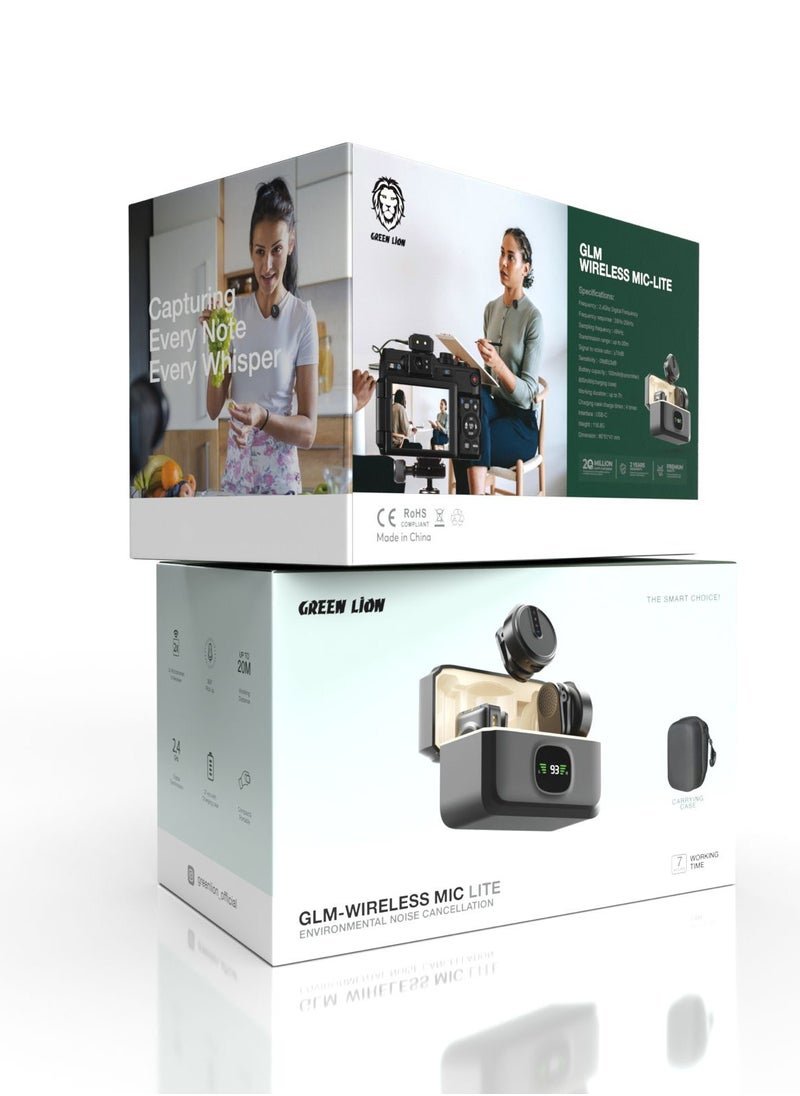 GREEN LION - GLM-Wireless Mic Lite / Environmental Noise Cancellation / 2x Microphones / 1x Receiver / 360° Pick Up / Up to 20M Working Distance / 2.4GHz Digital Transition / Carrying Case - Black - Image 1