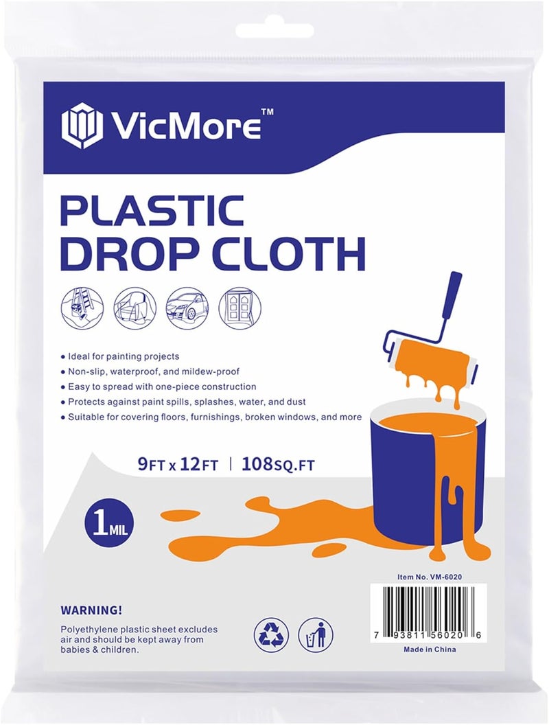VICMORE Clear Plastic Drop Cloth - Water & Dustproof, Odorless Plastic Sheet for Painting, Renovations, DIY Projects - Durable Paint Tarp with 1mil Thickness - Floor Covering & Dust Cover - 9 x 12’ - Image 1